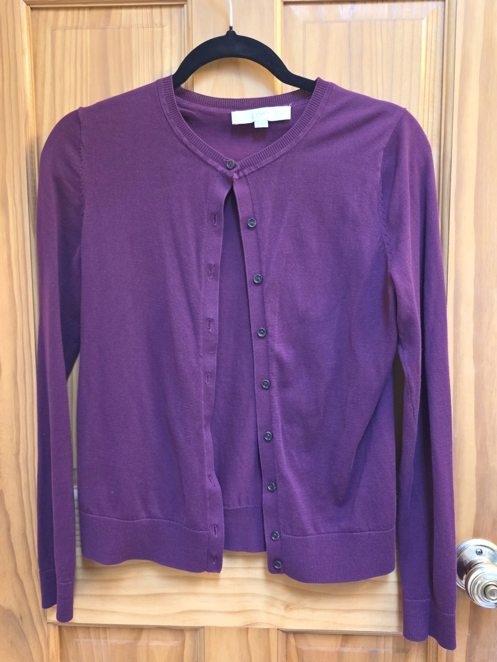 LOFT Maroon Crewneck Button-Front Cardigan